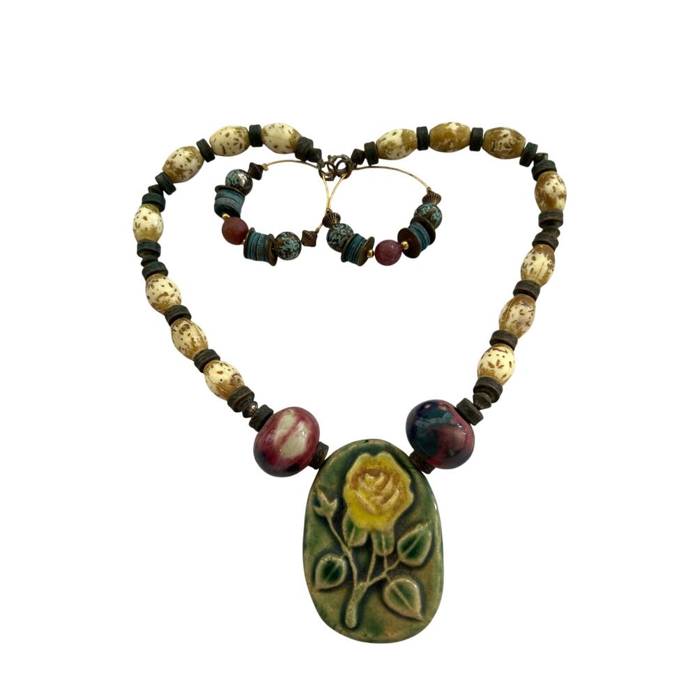 Green & Yellow Ceramic Flower Pendant on Beaded Necklace & Earring Bohemian Chic - Picture 5 of 5